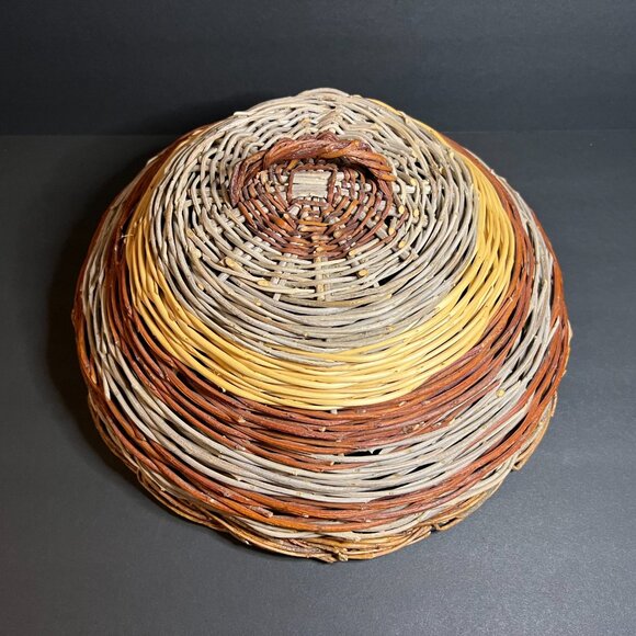 Woven Wicker Rattan Multi-Color Striped Food Cover w/ Base & Handle 13 x 6" - Picture 3 of 6